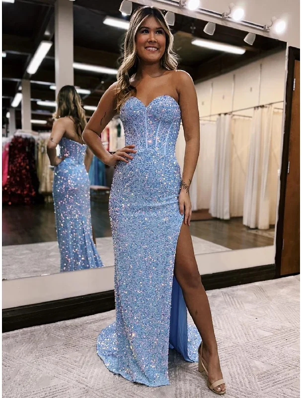 Women's Collarless DressesMermaid / Trumpet Prom Dresses Sparkle & Shine Dress Formal Wedding Party Court Train Sleeveless Sweetheart Sequined Backless with Sequin Slit