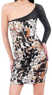 Women's U-Shaped Collar DressesDress One Shoulder Paint Splatter Netted Mesh Sleeve Sexy Club Mini