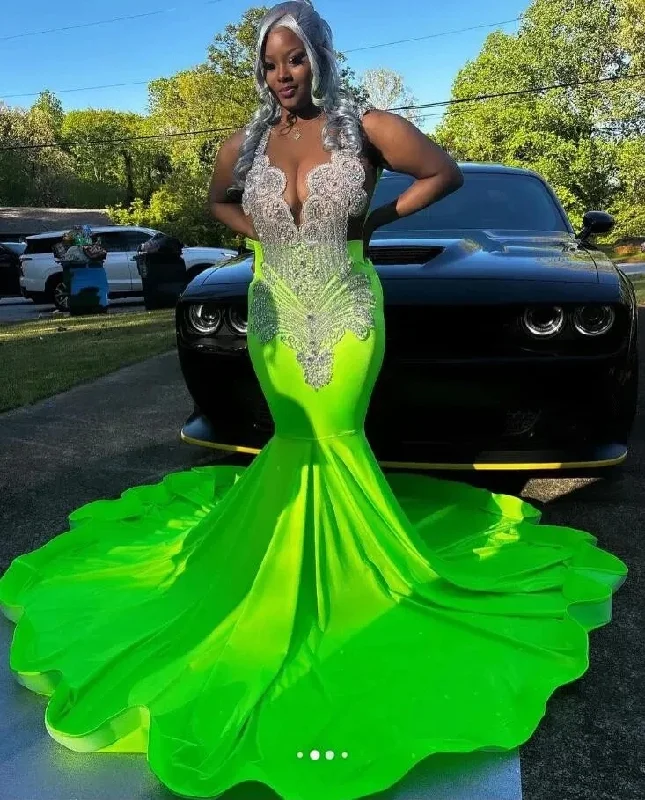 Women's Gathered DressesGreen Sparkly Mermaid Prom Occasion Party Dresses for Black Girl Diamond Crystal Evening Birthday Gala Dress plus szie