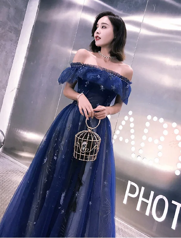 Women's Fit and Flare DressesA-Line Fairy Prom Dress Sparkle Party Dress Off Shoulder Short Sleeve Floor Length Tulle with Sequins Embroidery