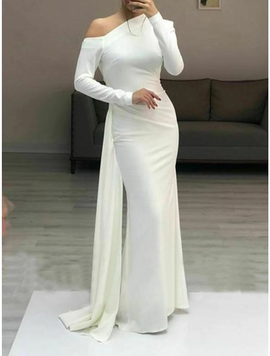 Women's Boat-Back DressesSheath / Column Minimalist Elegant Wedding Guest Formal Evening Dress One Shoulder Long Sleeve Floor Length Stretch Fabric with Sleek Ruched