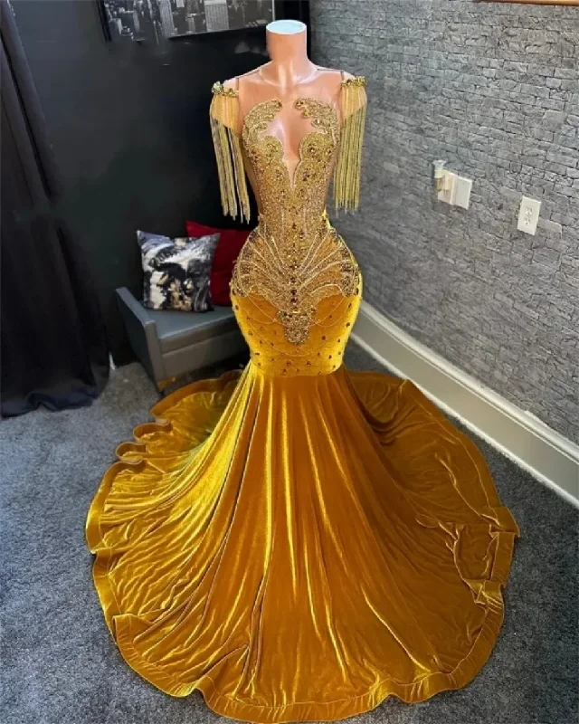 Women's Empire Waist DressesGold O Neck Evening Dresses For Black Girls Beaded Crystal Birthday Party Gowns Mermaid Tassel Long Prom Dresses Robe De Bal