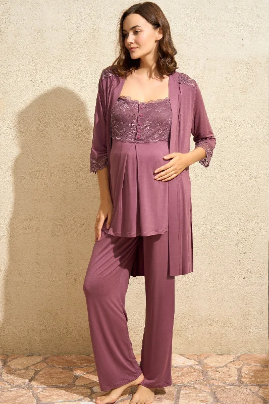 women's pajamas with a comfortable fitShopymommy 5778 Lace Shoulder 3-Pieces Maternity & Nursing Pajamas With Robe Plum