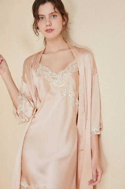 women's pajamas with an adjustable necklineWomen's Lace V-neck Silk Nightgown & Robe Set