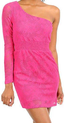 Women's Sweetheart-Neck DressesMini Dress Sexy Casual Pink Lace One Shoulder Long Sleeve Floral Crochet