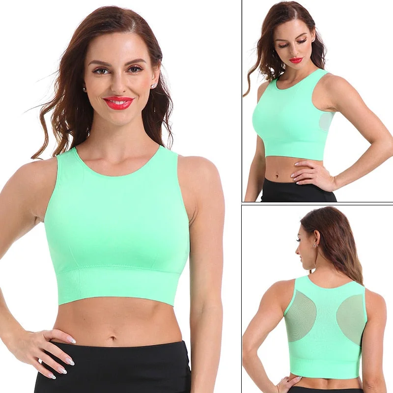 molded cup bra for shape retentionTop Women Yoga Shirts Breathable Mesh Shockproof Gym Running Sports Bra Solid Seamless Fitness Yoga Sport Bh Bra Top Vest