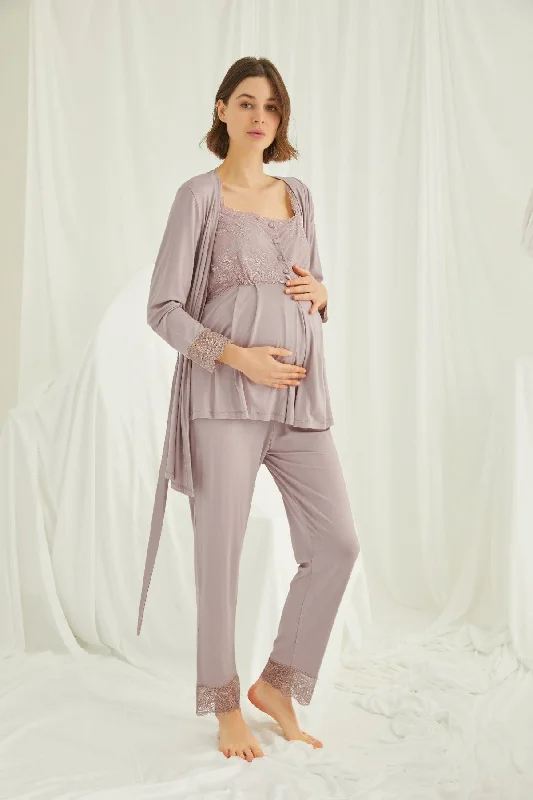 women's pajamas with snap buttonsShopymommy 18441 Lace 3-Pieces Maternity & Nursing Pajamas With Robe Coffee