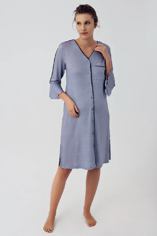 women's pajamas for a night of restShopymommy 16107 Strip Maternity & Nursing Nightgown Indigo