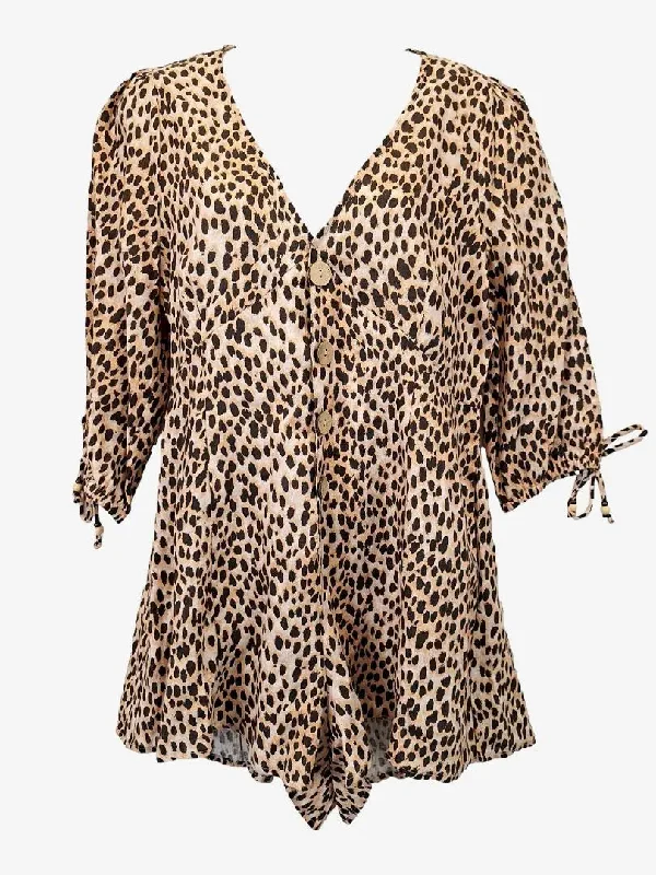 Women's Shawl Collar DressesKivari Feminine Button Up Leopard Playsuit Size M