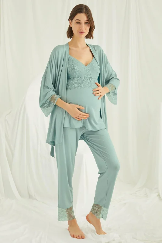 women's pajamas for a good night's sleepShopymommy 18469 Lace Strappy 3-Pieces Maternity & Nursing Pajamas With Robe Green