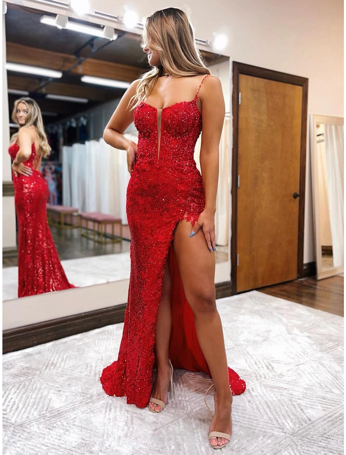 Women's Pencil DressesMermaid / Trumpet Prom Dresses Sparkle & Shine Dress Formal Wedding Party Sweep / Brush Train Sleeveless Spaghetti Strap Sequined Backless with Beading Sequin Slit