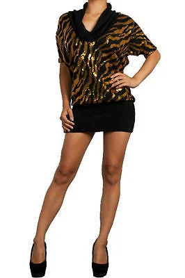 Women's Collarless DressesCowl Mini Sequin Dress Gold Black Animal Print Sparkling Knit Club Party