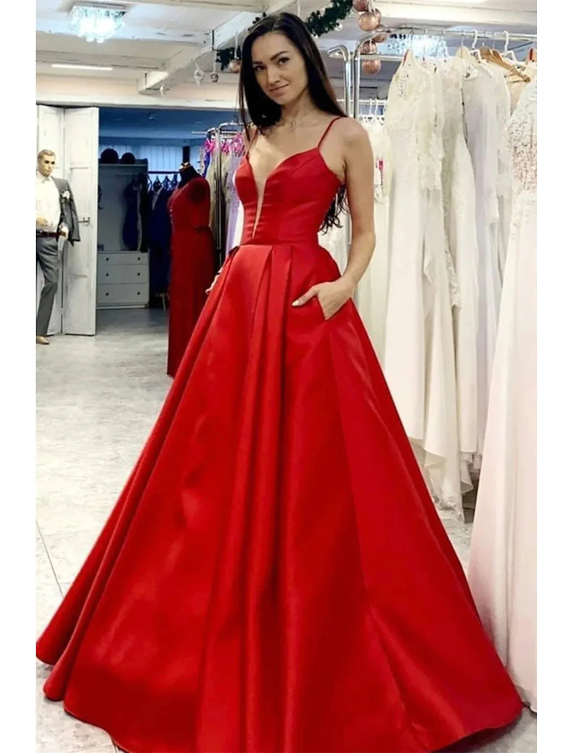 Women's Round-Neck DressesA-Line Prom Dresses Minimalist Dress Formal Floor Length Sleeveless V Neck Pocket Satin with Pleats