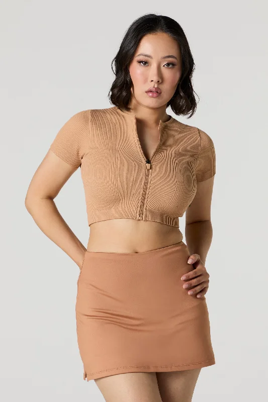 Women's Blouse with Bell SleevesActive Seamless Ribbed Short Sleeve Zip-Up Crop Top