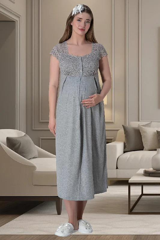 women's pajamas for those who want to feel pampered and lovedShopymommy 6057 Lace Shoulder Maternity & Nursing Nightgown Grey