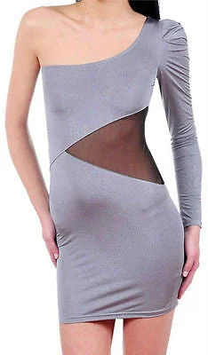 Women's Strapless DressesDress Mini One Shoulder Shimmer Sparkle Gray See Thru Mesh Long Sleeve