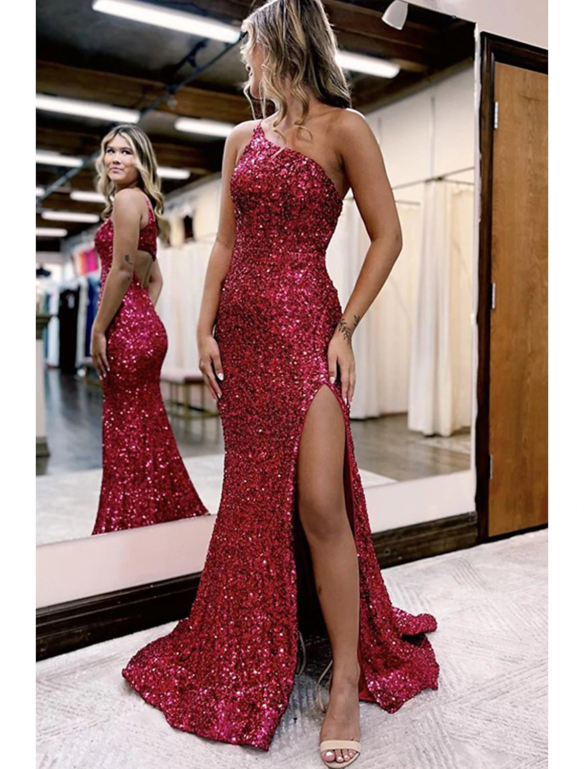 Women's V-Shaped-Neck DressesMermaid / Trumpet Prom Dresses Sparkle & Shine Dress Formal Wedding Party Court Train Sleeveless One Shoulder Sequined with Sequin Slit