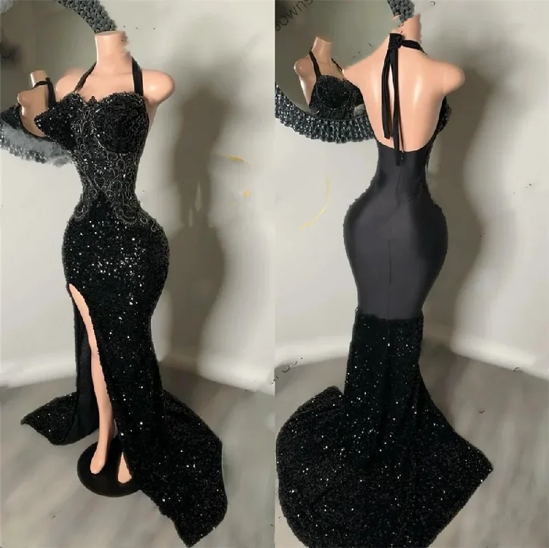 Women's Boat-Neck DressesSexy Halter Neck Long Prom Dress For Black Girls 2024 Applique Birthday Party Dresses Sequined Evening Gown High Slit Robe De Ba