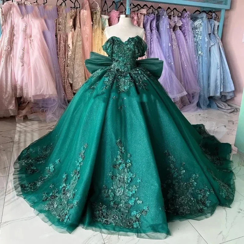 Women's V-Shaped Collar DressesGreen Shiny Off Shoulder Quinceanera Dress Prom Dress Floral Applique Lace Beads Bow Princess Dress Sweet 15Year Old Party Dress