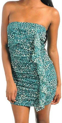 Women's Square Collar DressesDress Leopard Strapless Mini Shimmer Ruffle Teal Tube Sexy Mesh Woman