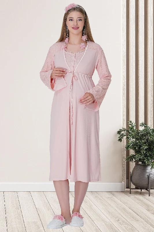 women's pajamas with moisture-wicking fabricShopymommy 5715 Lace Embroidered Maternity & Nursing Nightgown With Robe Powder