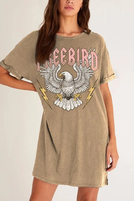 Women's Low Collar DressesFreebird Eagle Graphic Taupe Mineral T-Shirt Tee Shirt Mini Relaxed Fit Dress