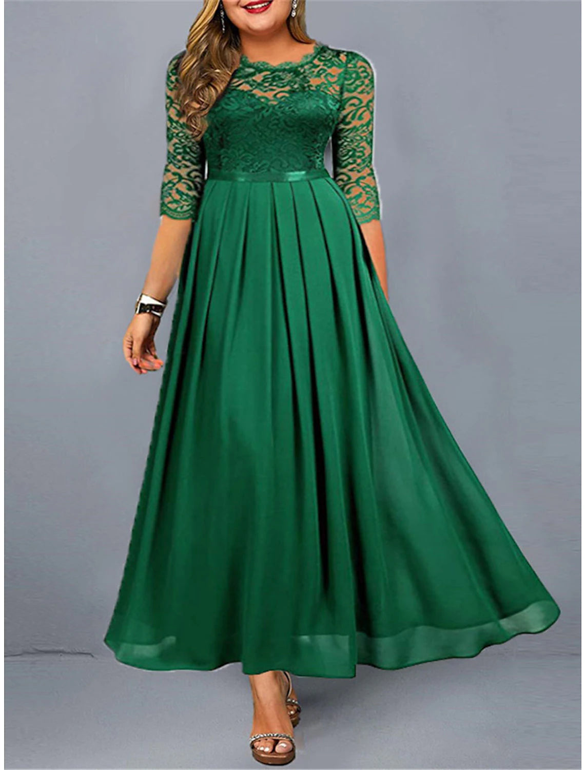 Women's Low Collar DressesWomen's Plus Size Green Chirstmas Dress Curve Party Dress Lace Dress Homecoming Dress Solid Color Long Dress Maxi Dress 3/4 Length Sleeve Lace Crew Neck Modern Party Black Wine Summer Spring