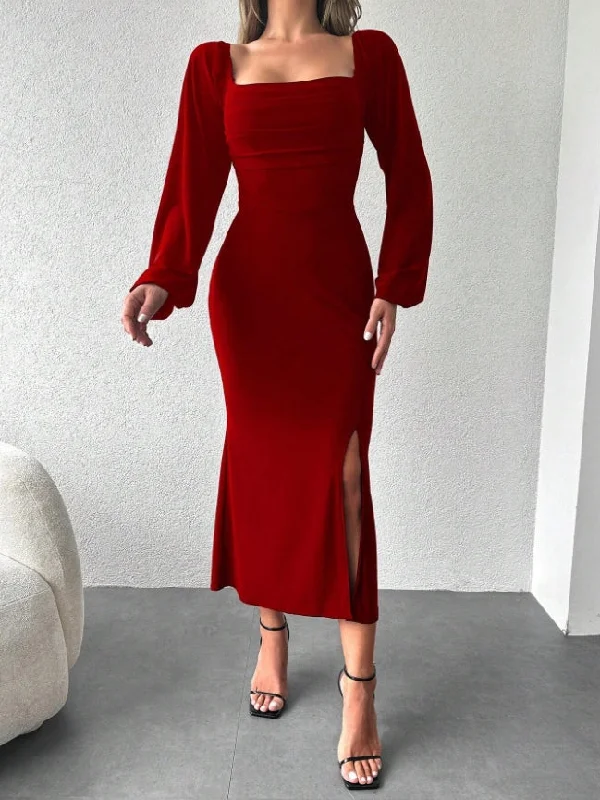 Women's Asymmetrical DressesChristmas Dress December Wedding Guest Dress Square Neck Pleated Hem Side Slit Lantern Sleeve Split Fork Party Dress