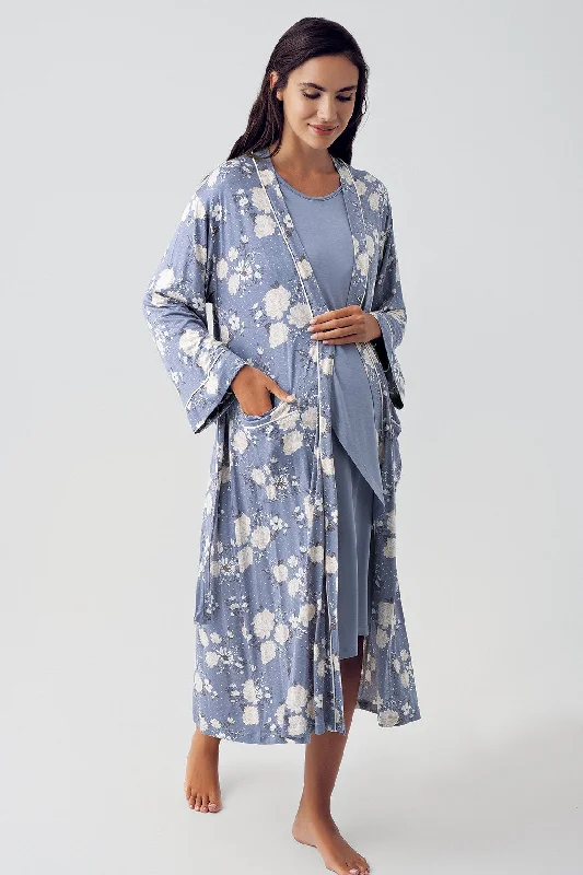 women's pajamas with a touch of whimsical funShopymommy 15409 Wide Double Breasted Maternity & Nursing Nightgown With Flowery Robe Indigo