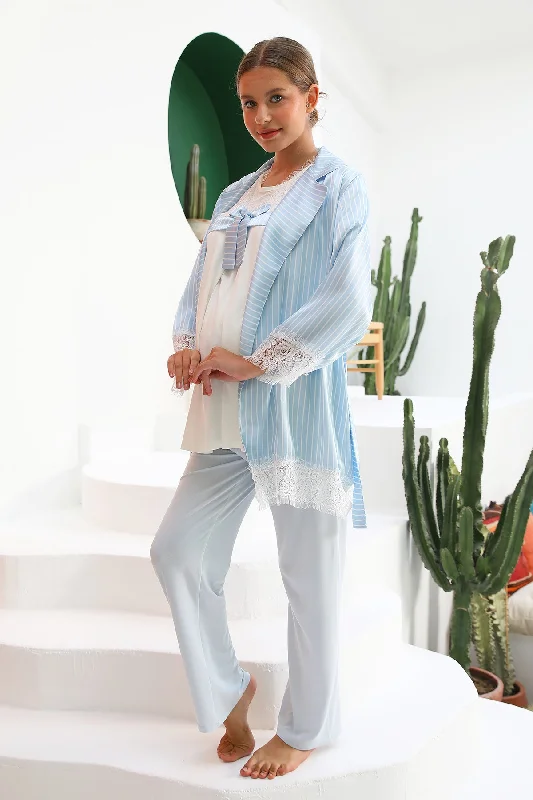 women's pajamas made in USAShopymommy 55710 Angelic Lace 3-Pieces Maternity & Nursing Pajamas With Satin Robe Blue