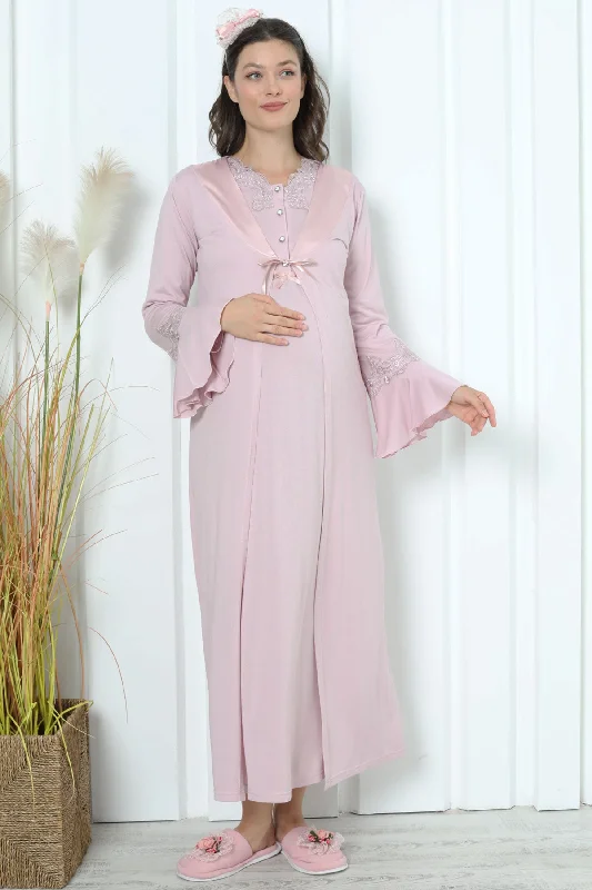 women's pajamas with lace trimShopymommy 2259 Lace Collar Maternity & Nursing Nightgown With Flywheel Arm Robe Dried Rose