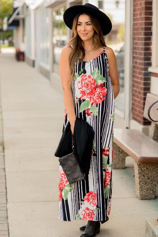 Women's Jumpsuits with Rounded CollarFloral Striped Tank Maxi