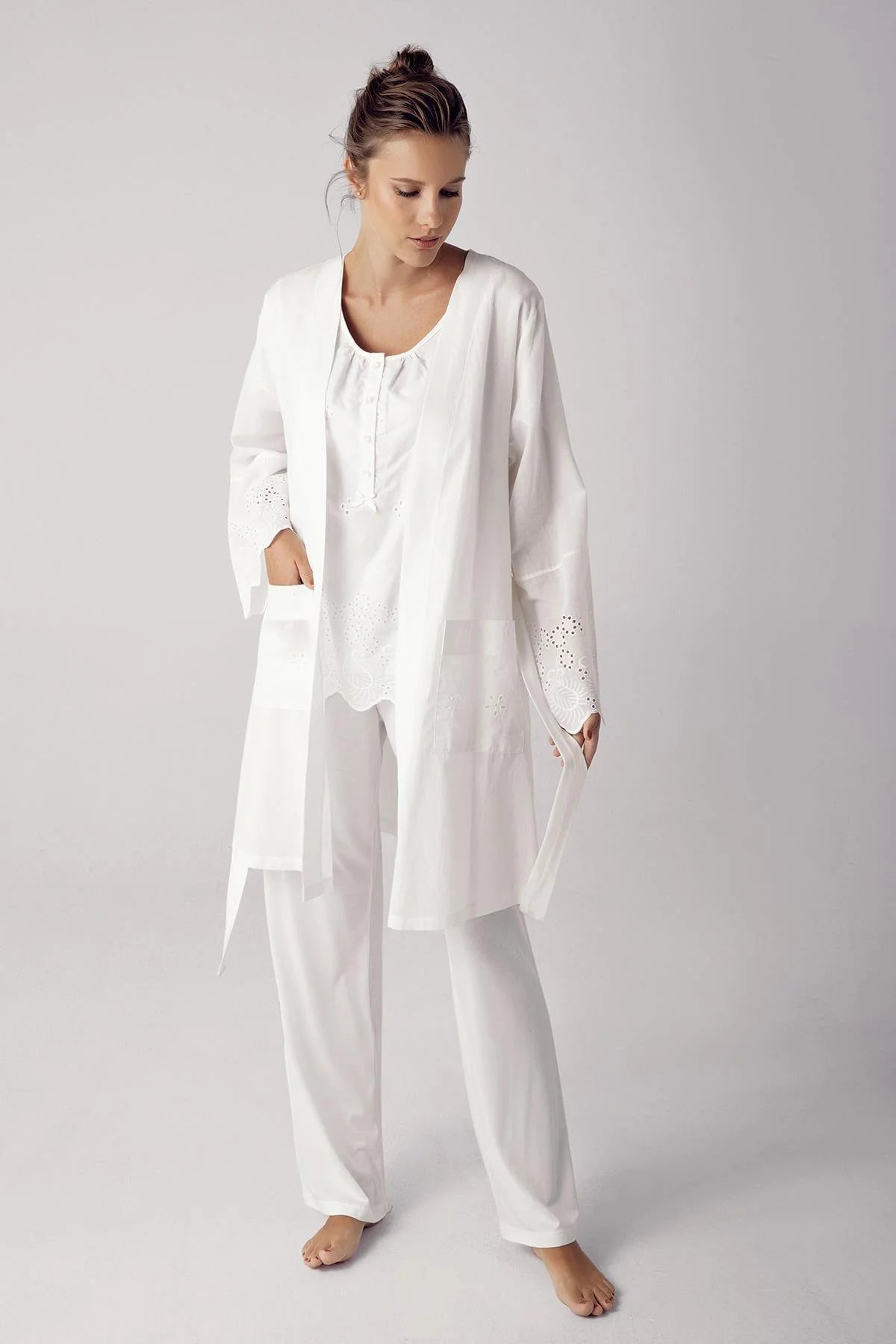 women's pajamas for those who love to indulgeShopymommy 12311 Woven 3-Pieces Maternity & Nursing Pajamas With Robe Ecru