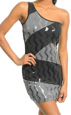 Women's Square Collar DressesOne Shoulder Dress Mini Sequin Shiny Metallic Zig Zag Black Gray Sexy