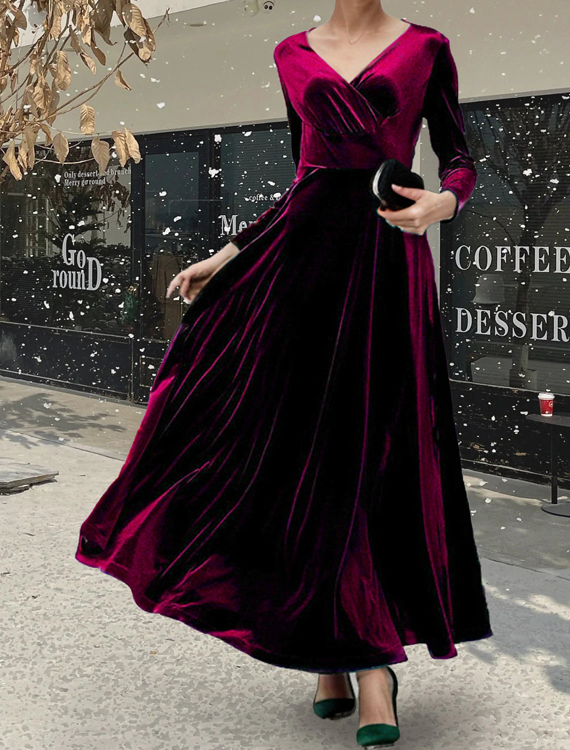 Women's Shift DressesChristmas Fall Winter Velvet Dress Party Dress Velvet Ruched V Neck Long Sleeve Elegant Winter Dress