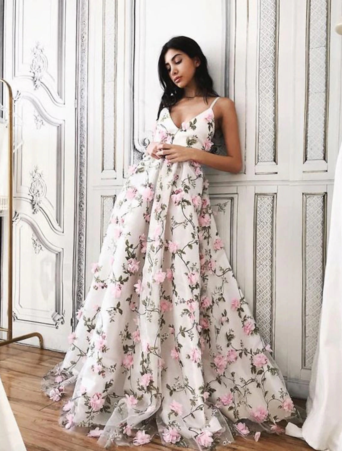 Women's Lapel Collar DressesA-Line Prom Dresses Floral Dress Formal Wedding Party Floor Length Sleeveless V Neck Lace with Floral Print