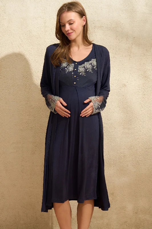 women's pajamas with a fitted designShopymommy 5777 Maternity & Nursing Nightgown With Lace Sleeve Robe Navy Blue