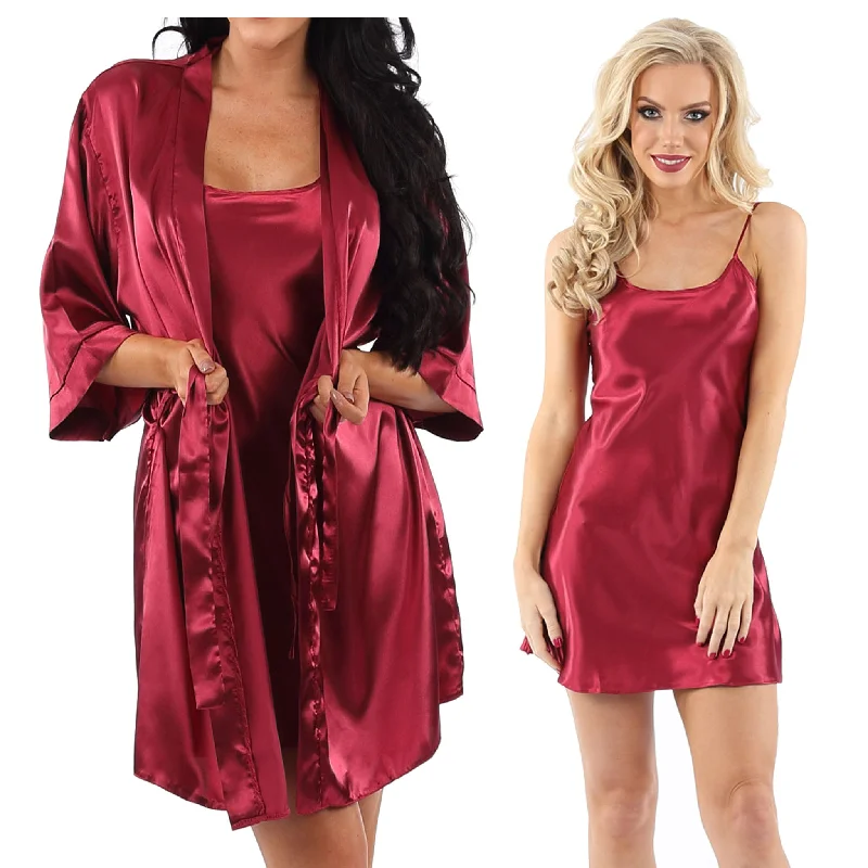 women's pajamas with hidden pocketsMatching Plain Wine Red Sexy Satin Chemise and Wrap Set Negligee Lingerie