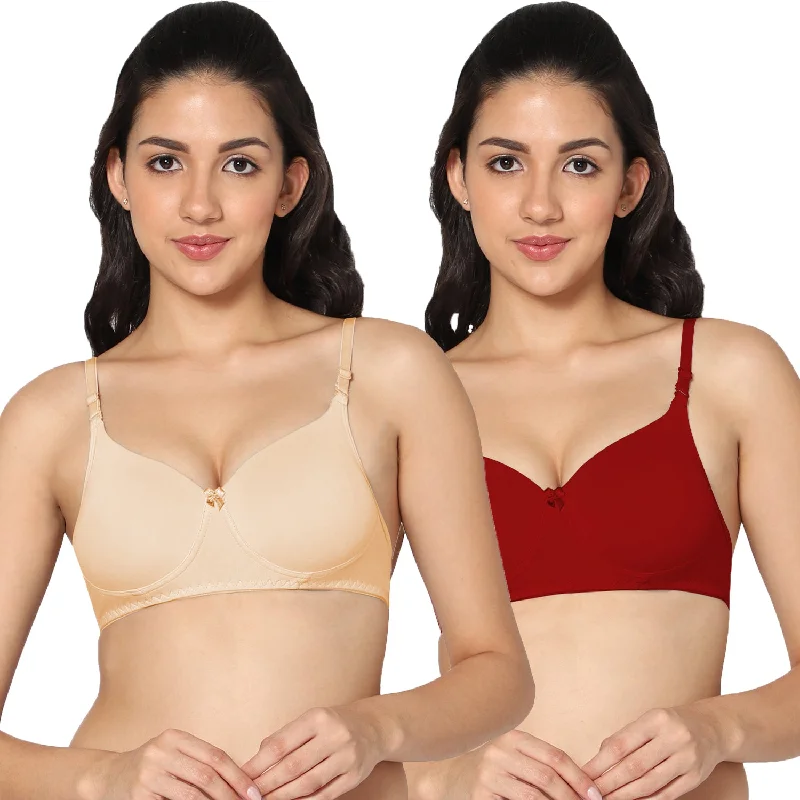 backless bra with invisible strapsT-shirt Medium Coverage Padded Red and Skin Color Bra (Pack of 2)