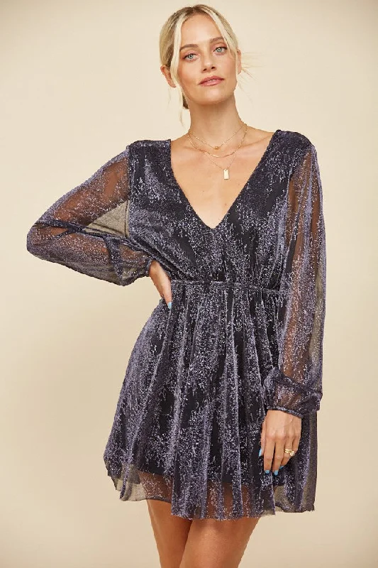 Women's Collarless DressesIndigo Metallic Sparkling Mesh Long Sleeve Cocktail Holiday Party Mini Dress