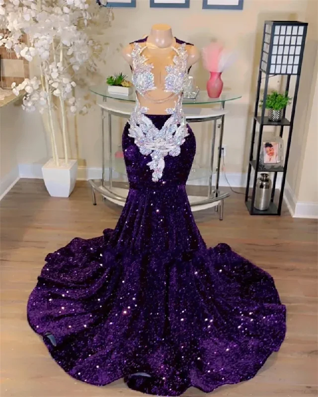 Women's Cap-Sleeve DressesGrape Sheer O Neck Long Prom Dress For Black Girls Sparkly Sequined Birthday Party Dresses Beaded Appliques Evening Gowns