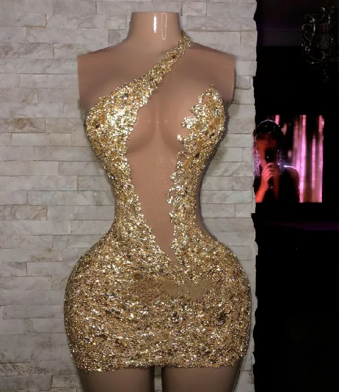 Women's Midi DressesGold Lace Applique Prom Dresses One Shoulder Beads Women Short Night Party Dress Sequin Cocktai Wear robe de soiree femme