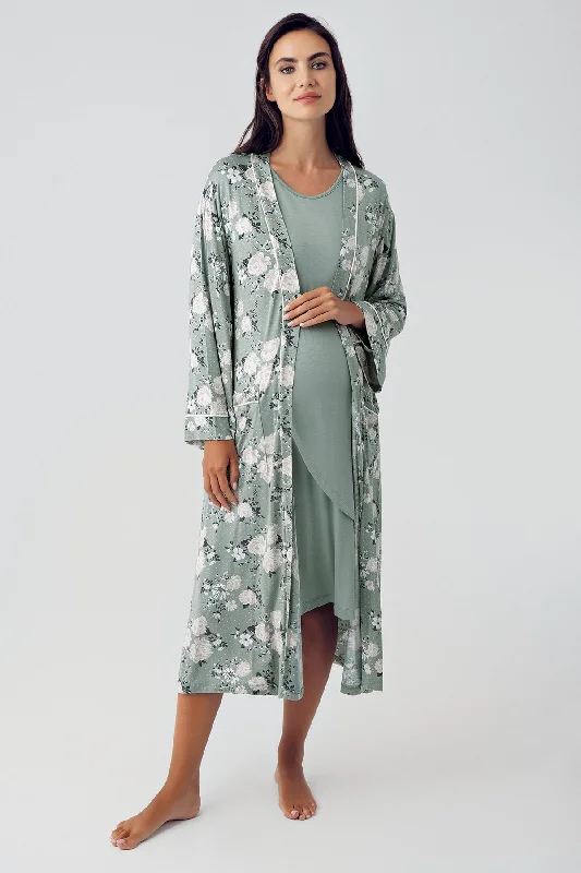 women's pajamas with pocketsShopymommy 15409 Wide Double Breasted Maternity & Nursing Nightgown With Flowery Robe Green