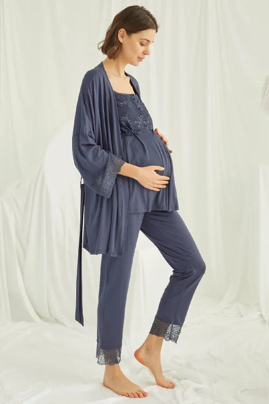 women's pajamas with a vintage lookShopymommy 18211 Lace 3-Pieces Maternity & Nursing Pajamas With Robe Navy Blue