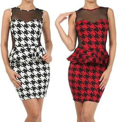 Women's Mandarin Collar DressesHoundstooth Dress Cocktail Peplum Ruffle Sheer Mesh Sleeveless Mini Party