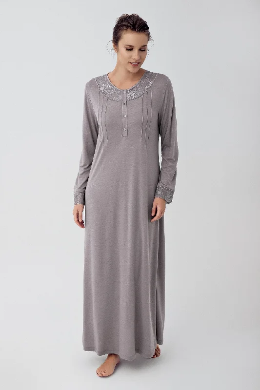 women's pajamas with snap buttonsShopymommy 16104 Lace Sleeve Long Maternity & Nursing Nightgown Grey