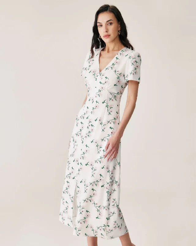 Women's Boho ShortsWhite Floral V-Neck Maxi Dress