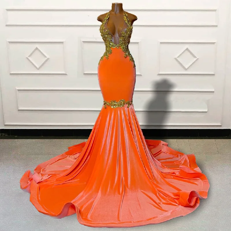 Women's Bodycon DressesGold Lace Orange Mermaid Long Prom Dresses for Graduation Party Sexy Sheer Mesh Backless Women Custom Formal Evening Gown