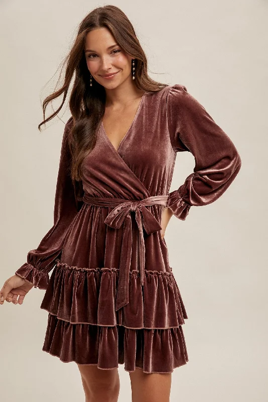 Women's Mandarin Collar DressesMauve Velvet Surplice Holiday Tiered Ruffled Long Sleeve Mini Cocktail Dress