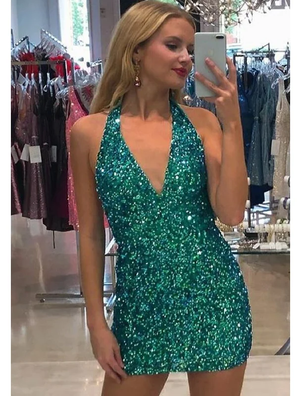 Women's Shirt Collar DressesMermaid / Trumpet Party Dresses Sexy Dress Cocktail Party Short / Mini Sleeveless V Neck Sequined Backless with Sequin